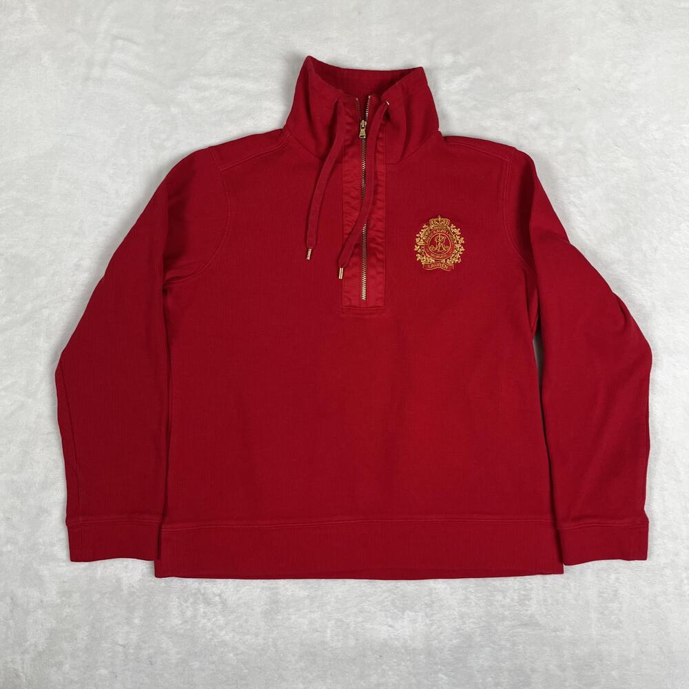 VTG Lauren Ralph Lauren Sweater Womens M Red 1/4 Zip Mock Neck Crest Logo Y2K
